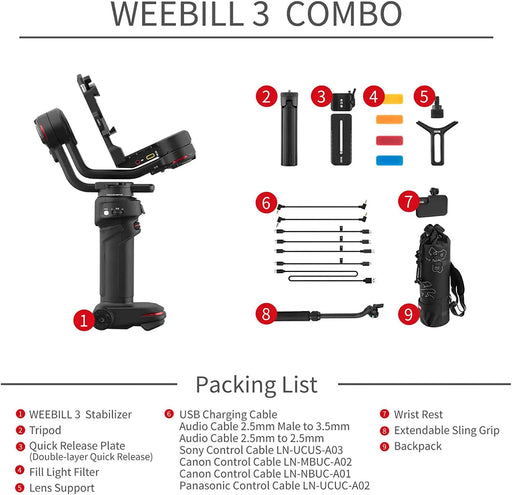 ZHIYUN Weebill 3 Combo, Gimbal Stabilizer for DSLR and Mirrorless Camera, Nikon Sony Panasonic Canon Fujifilm BMPCC 6K, Extendable Sling Grip, Wrist Rest, Fill Light & Mic Integration, PD Fast Charge