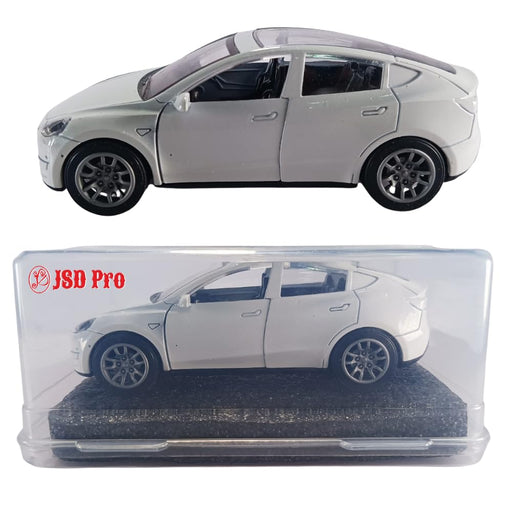JSD PRO®- Tesla Model Y -JSD-DC093-Premium Collection-Die Cast Model 1:32-Metal Toy Car, Openable Doors, Light & Sound with Storage Box (White)