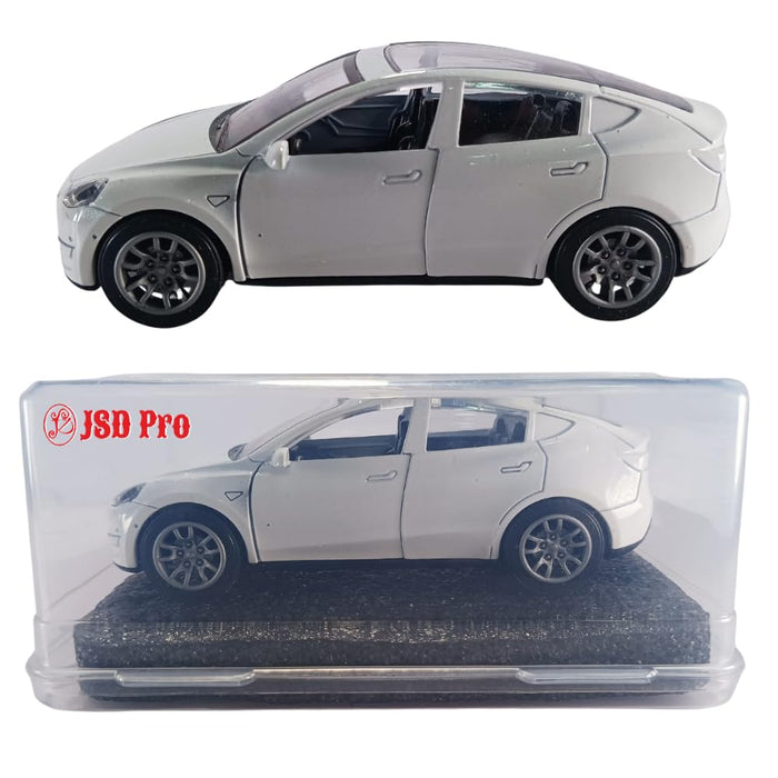 JSD PRO®- Tesla Model Y -JSD-DC093-Premium Collection-Die Cast Model 1:32-Metal Toy Car, Openable Doors, Light & Sound with Storage Box (White)