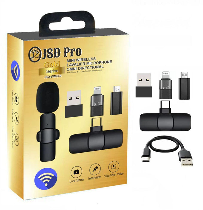 JSD PRO® JSD-WMG-9 Gold Series - 66ft Range - Mini Wireless Microphone for ifone, Tablets & C-Type Android Smartphone