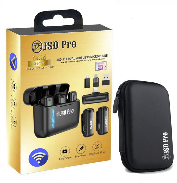 JSD PRO® - JSD-J13- Gold Series - Dual Wireless Microphone with Charging case - Compatible with All Android Smartphones & ifones (Micro USB, Lightning,USB Adaptors Included)
