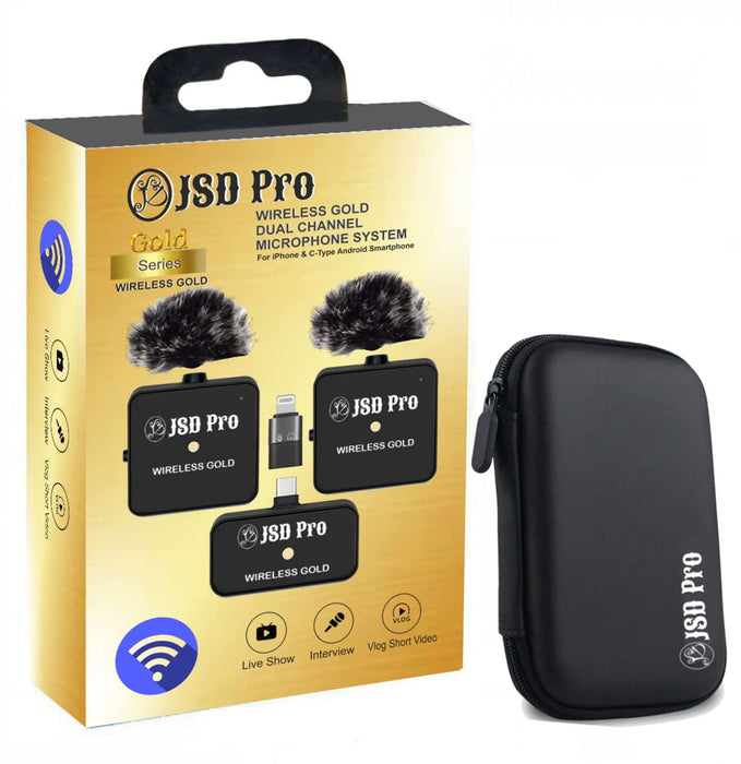 JSD PRO® Wireless Gold - Dual Channel Wireless Microphone System for iPhone & C-Type Android Smartphones